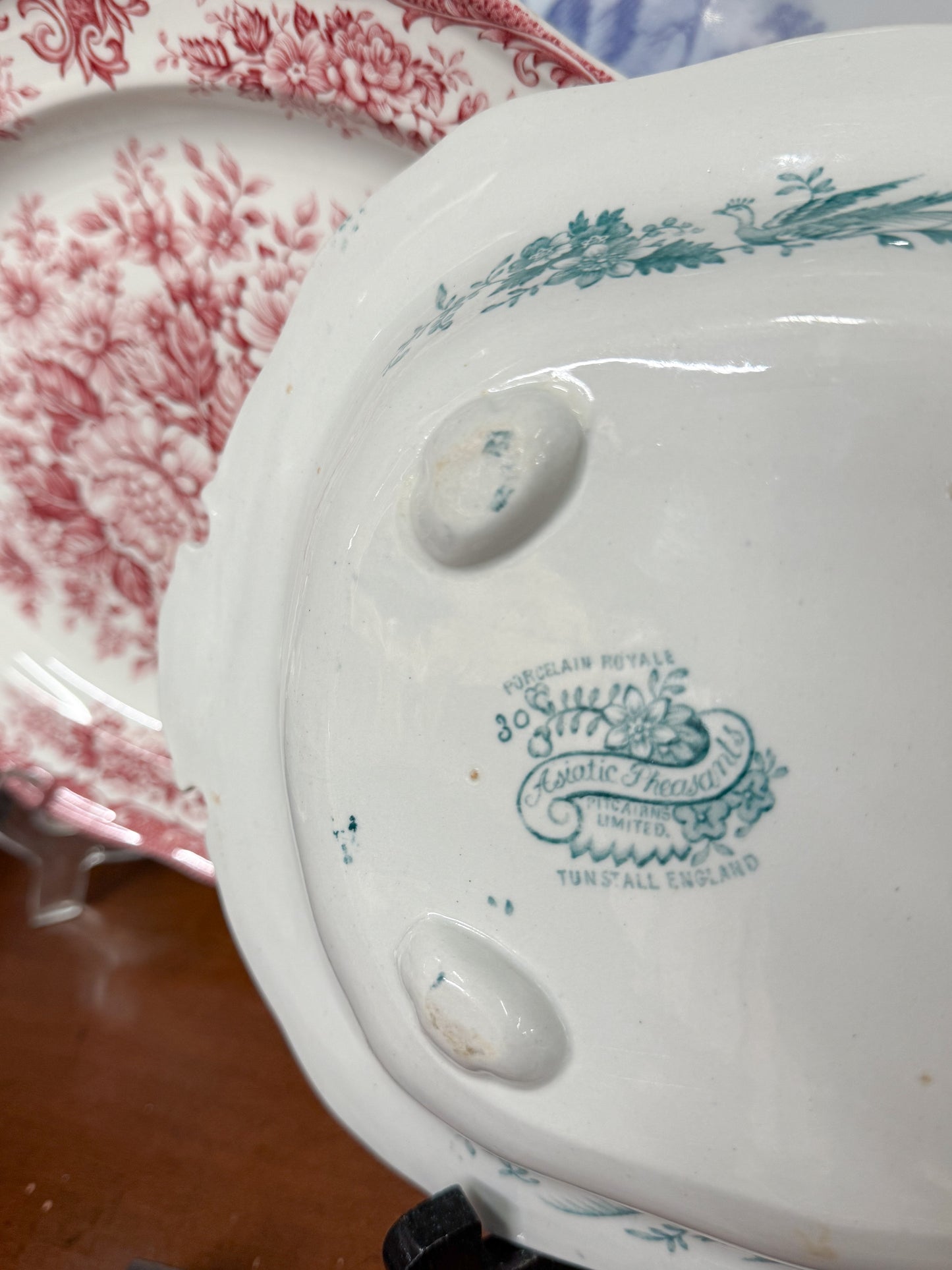 Aqua Transferware Platter "Asiatic Pheasants"