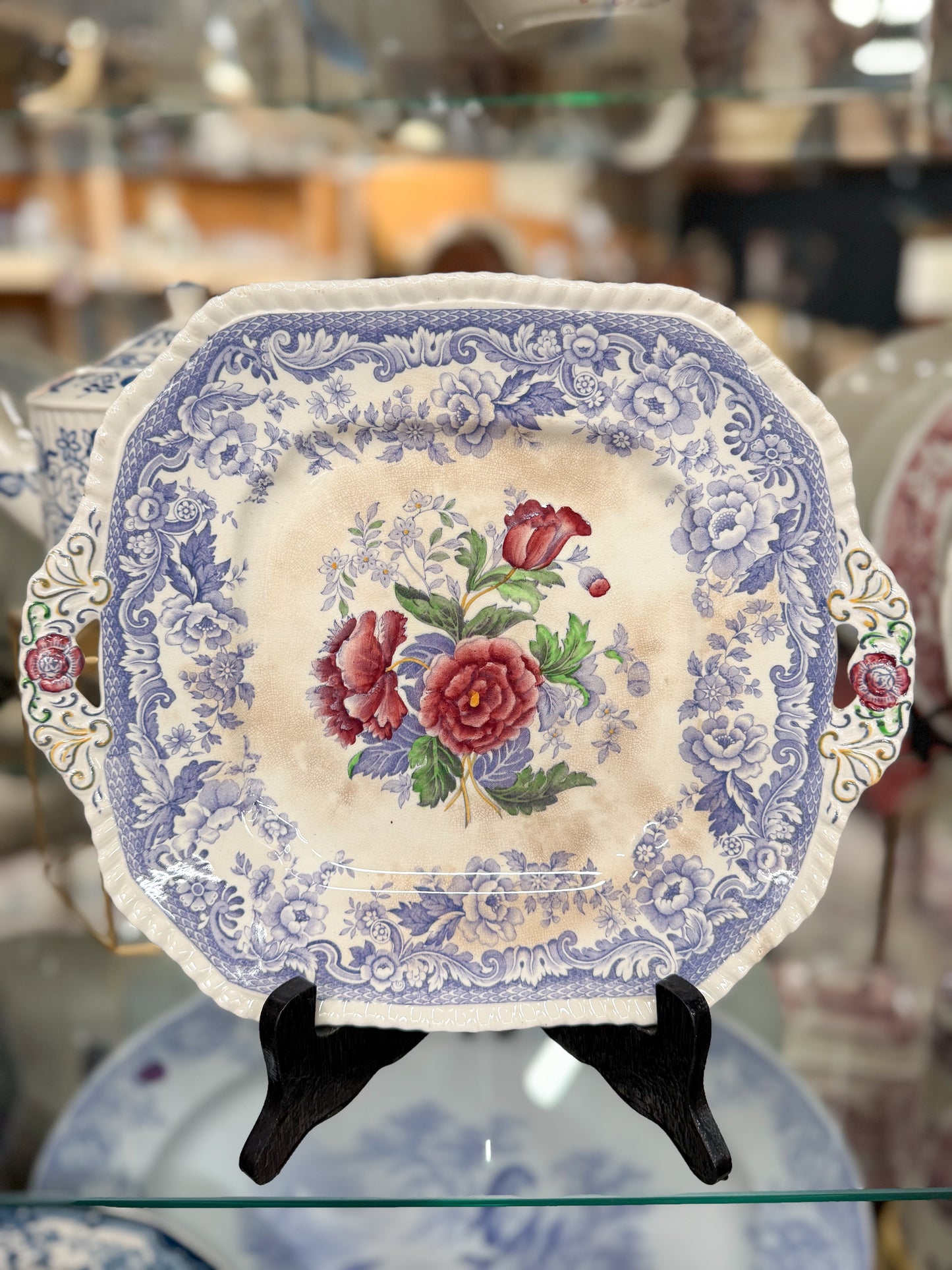 Square Purple Floral Transferware Cake Plate