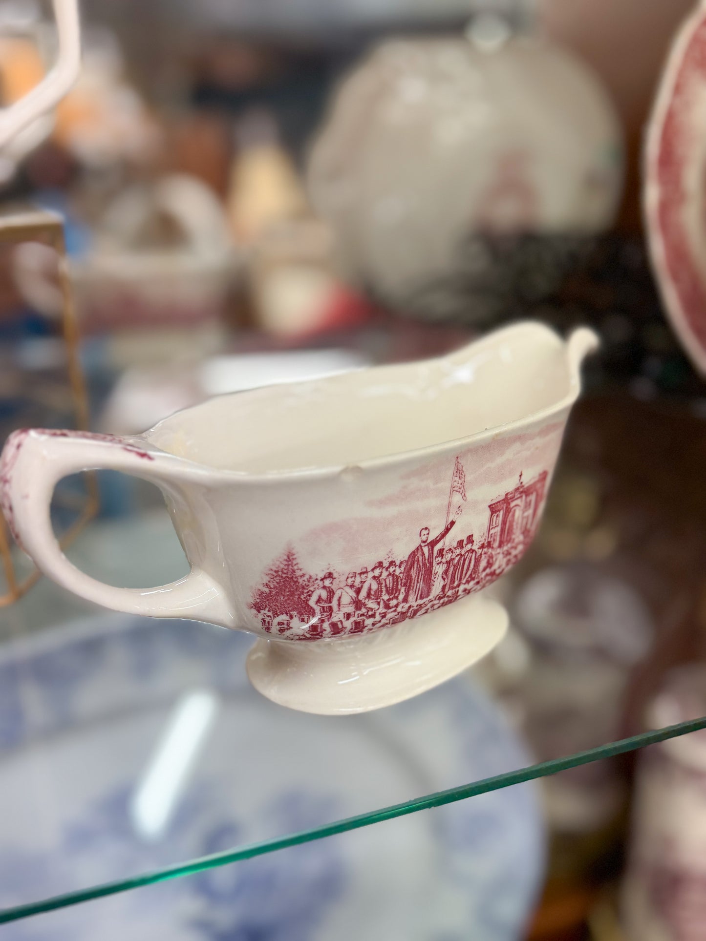 Red Transferware "Abraham Lincoln" Gravy Boat