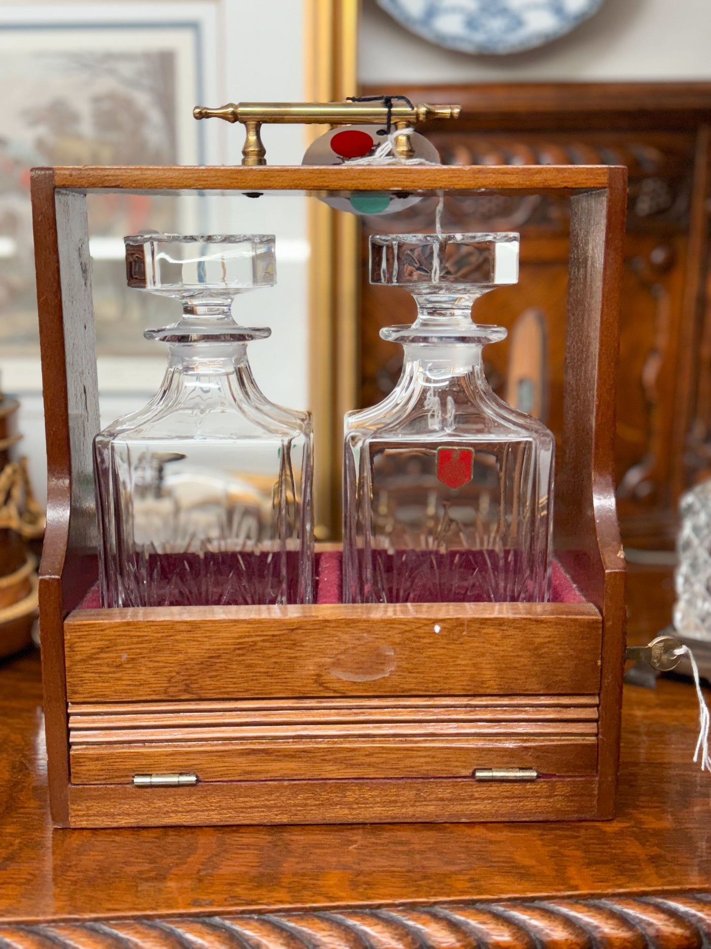 Wooden Tantalus with Devon Crystal Decanters