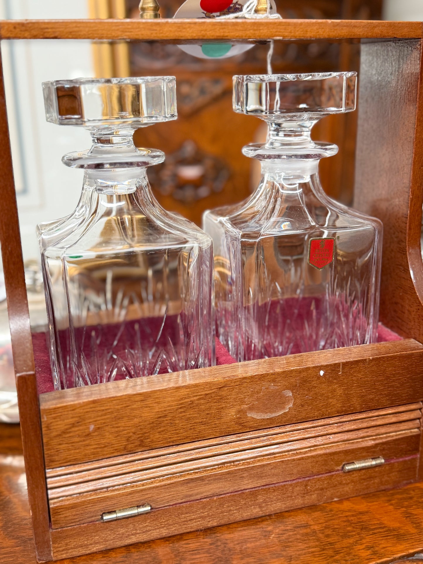 Wooden Tantalus with Devon Crystal Decanters