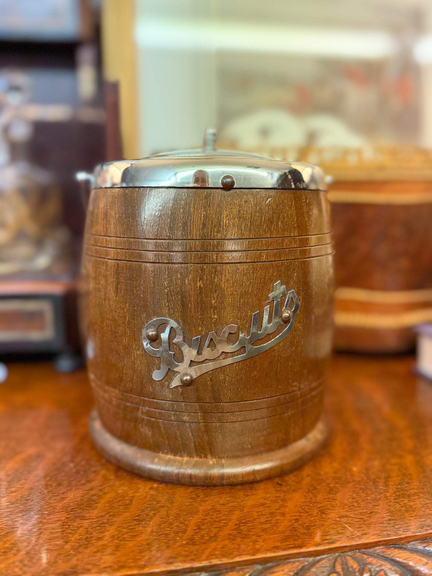 Antique Wooden "Biscuits" Barrel