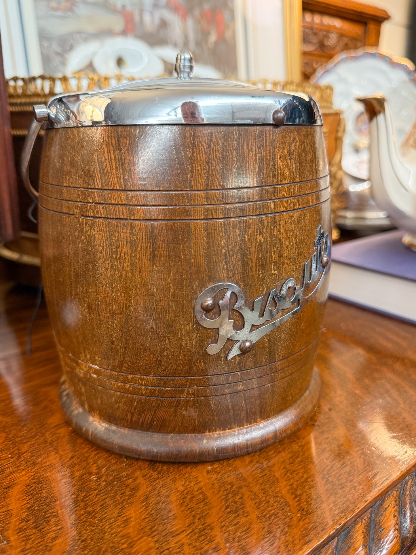 Antique Wooden "Biscuits" Barrel