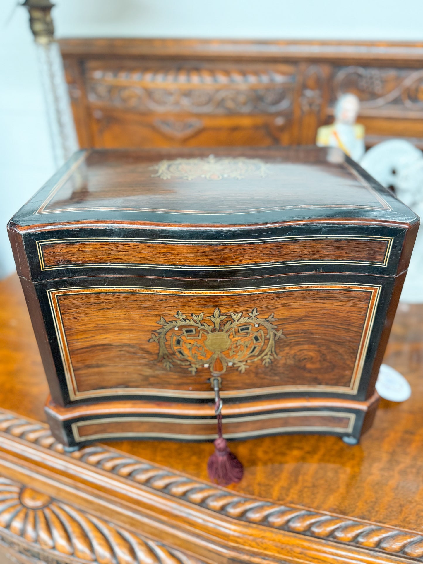 Antique French Wooden Liquor Cabinet with Brass Inlay Decanter Tantulus Set