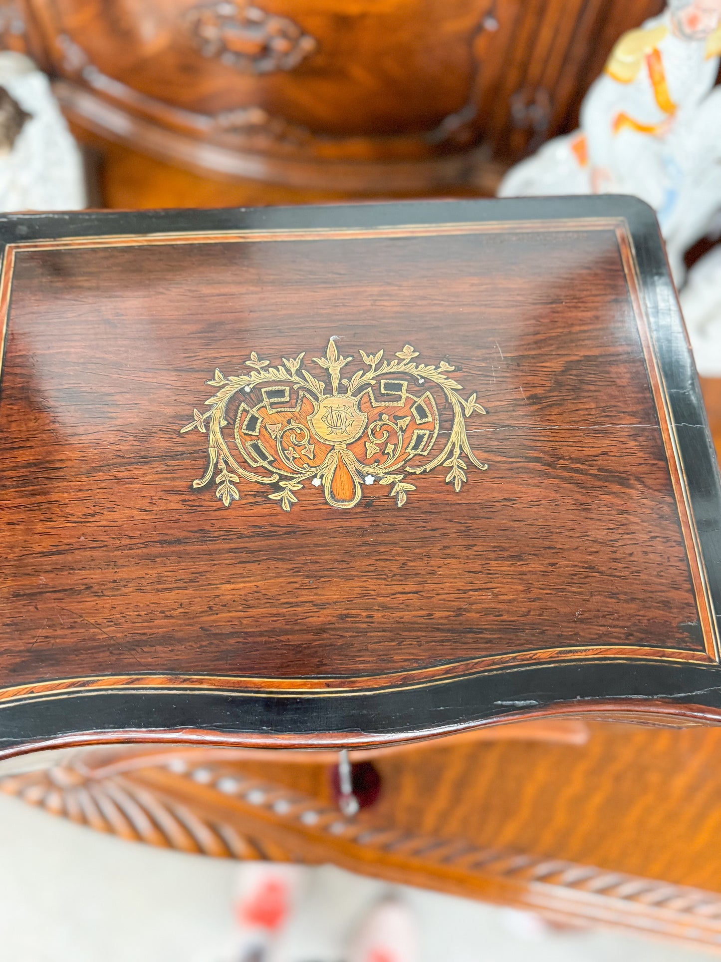 Antique French Wooden Liquor Cabinet with Brass Inlay Decanter Tantulus Set