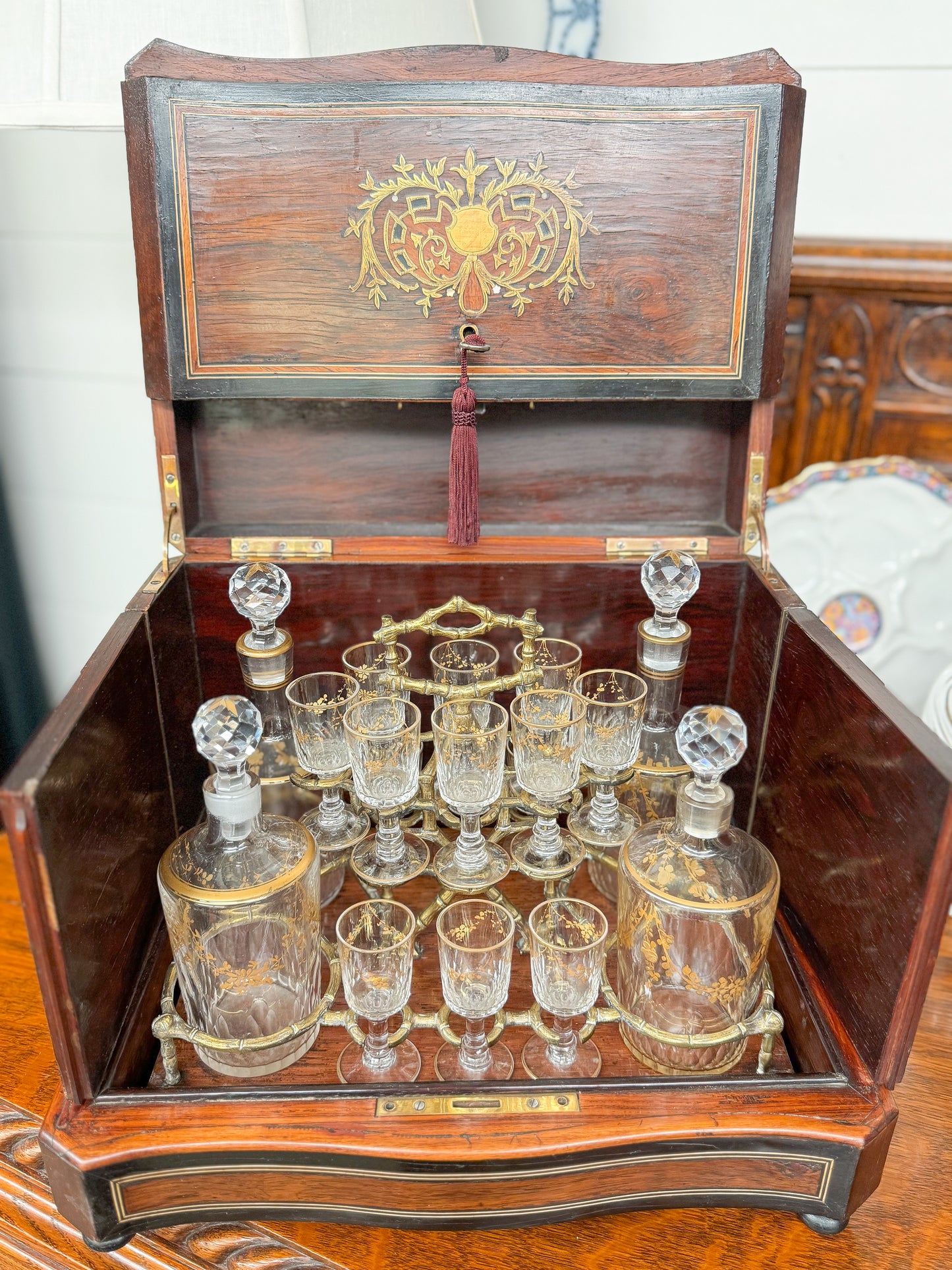 Antique French Wooden Liquor Cabinet with Brass Inlay Decanter Tantulus Set