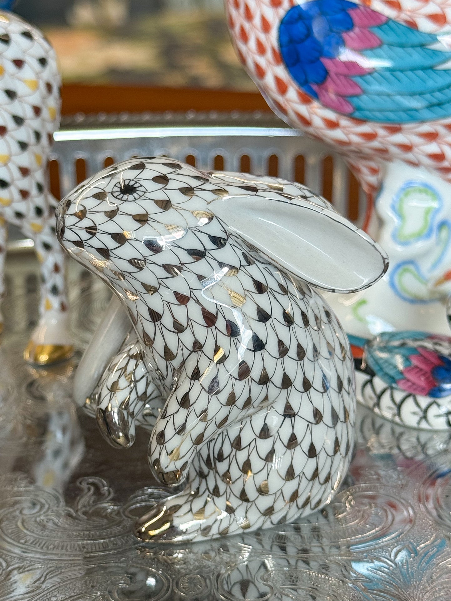 Extremely Rare Platinum Herend Fishnet Playing Bunny