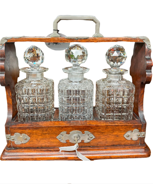 Antique Collectible English Oak Tantalus With Lock and Key