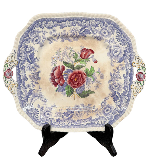 Square Purple Floral Transferware Cake Plate