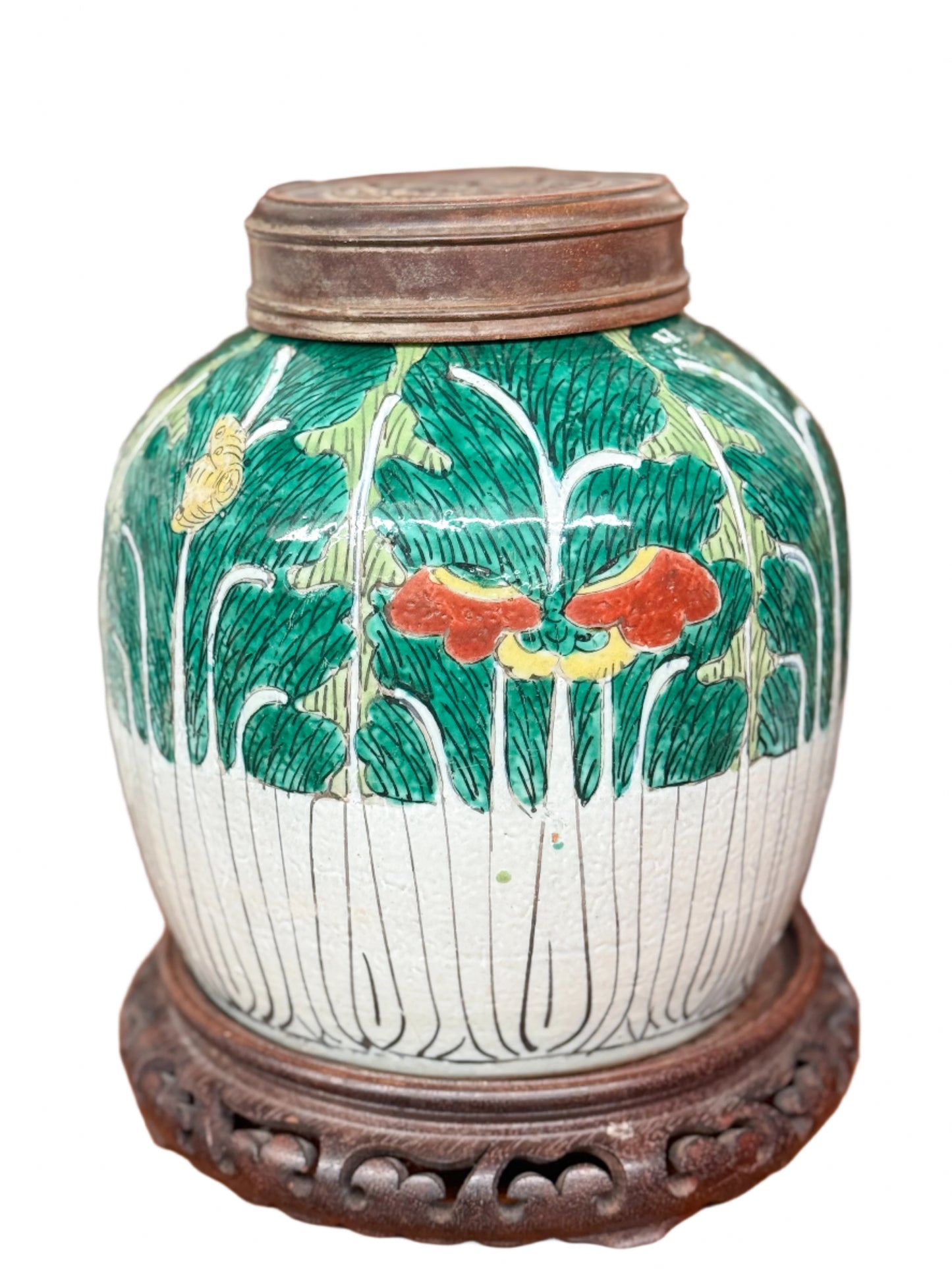Antique Bok Choy Melon Jar with Wooden Lid and Stand