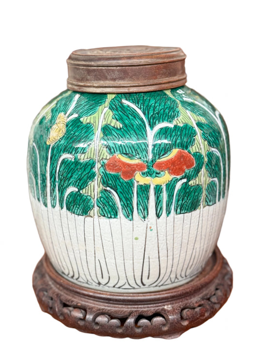 Antique Bok Choy Melon Jar with Wooden Lid and Stand