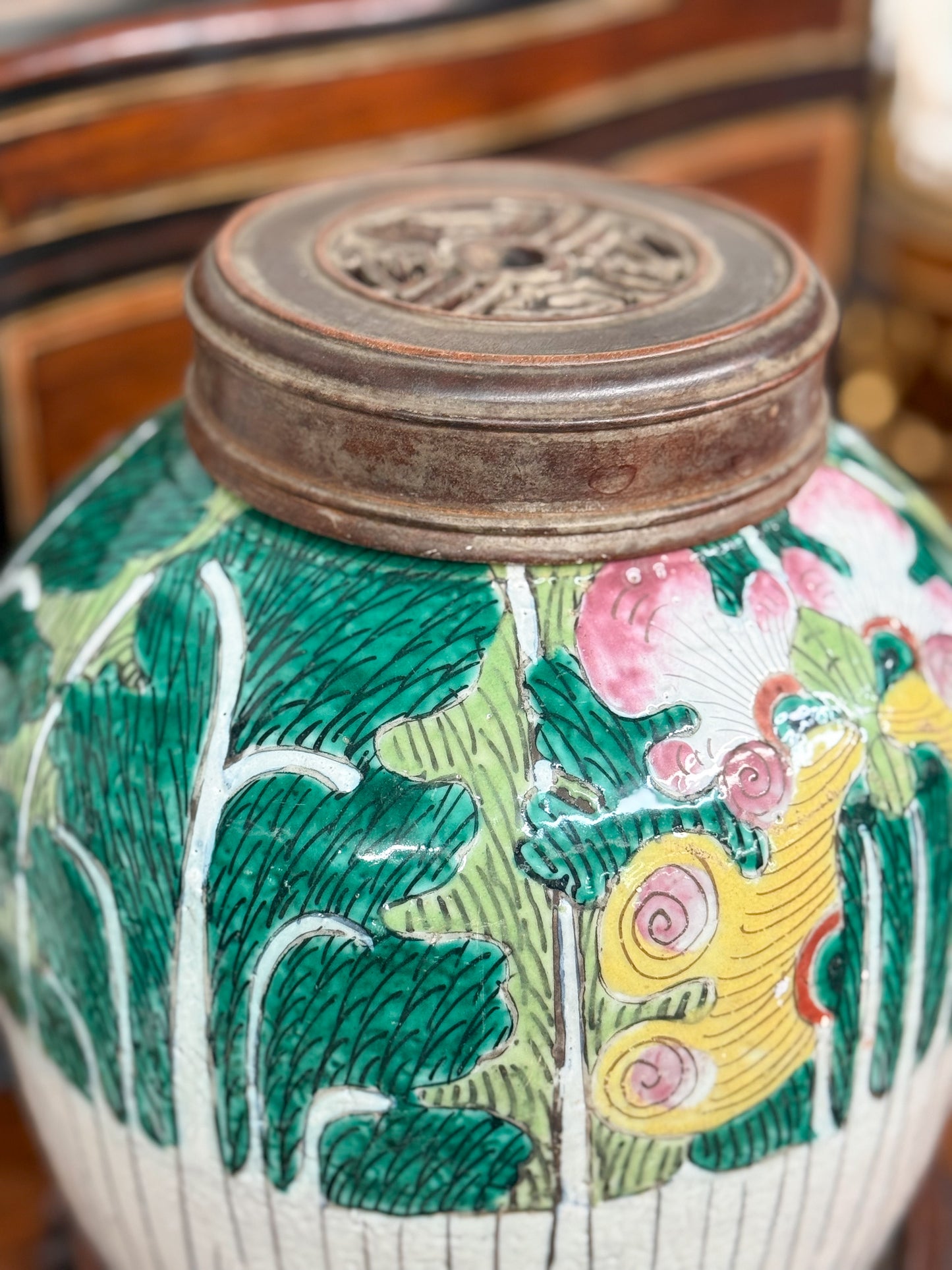 Antique Bok Choy Melon Jar with Wooden Lid and Stand