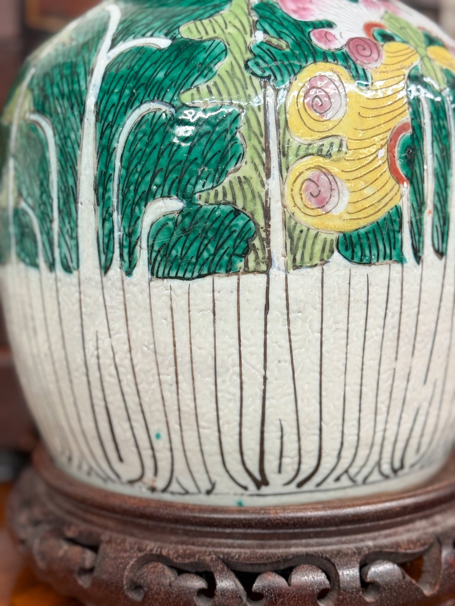 Antique Bok Choy Melon Jar with Wooden Lid and Stand