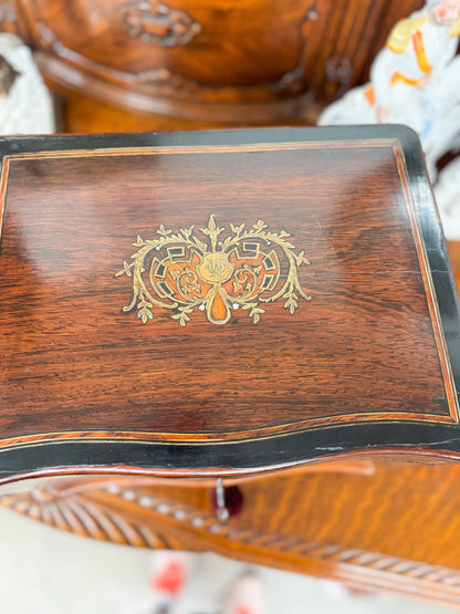 Antique French Wooden Liquor Cabinet with Brass Inlay Decanter Tantulus Set