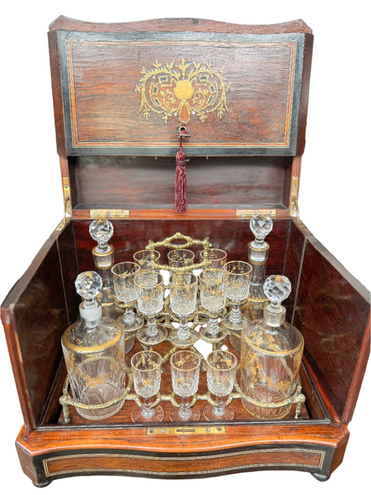 Antique French Wooden Liquor Cabinet with Brass Inlay Decanter Tantulus Set